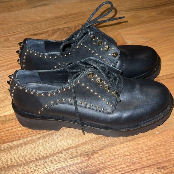 TWINSET Black Leather Gold Studded Low Combat Boots Lace Up Oxfords Size 38 7.5 - Picture 2 of 8